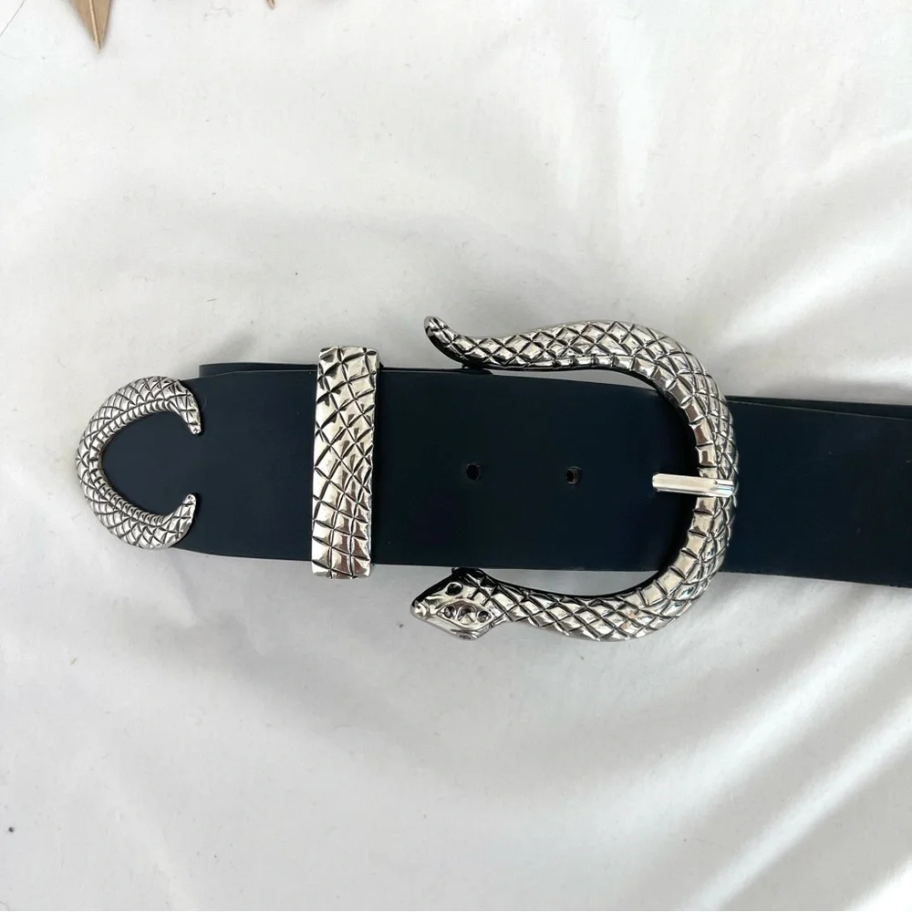 Fashion Nova Snake Reputation Black Silver Wide Faux Leather Double Buckle Belt